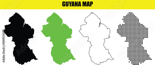 Guyana Map Vector Set in Different Styles: Silhouette, Green Fill, Outline, and Dotted
