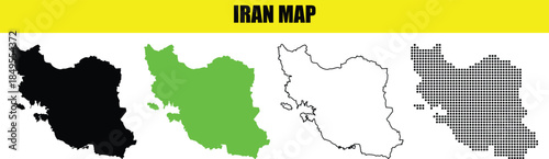 Iran Map collection with 'IRAN MAP' text banner, featuring black, green, outline, and grey vector variations