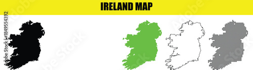 Set of Ireland Map Vector Graphics with Black, Green, Grey, and Outline Versions Isolated