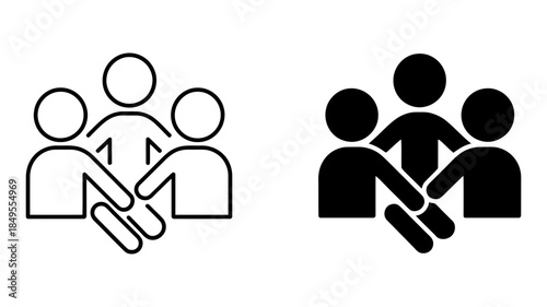 Two simple icons representing a group of people and a handshake