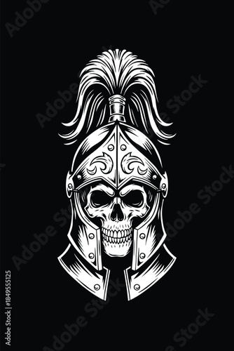 Spartan Warrior Skull Helmet Black and White Line Art Illustration
