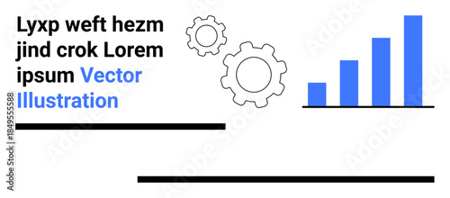 Business strategy, performance analysis, data progress, engineering processes, corporate growth, productivity. Blue bar chart and gear icons. Business strategy and performance analysis concept