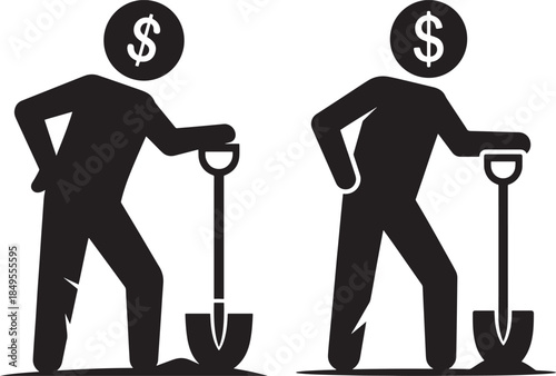 Dollar silhouette man dig shovel wealth worker money coin