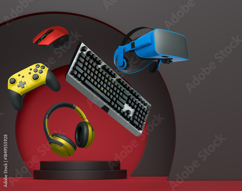 Gaming and streaming accessories including RGB keyboard, headphones, mouse, joystick and VR glasses floating above podium