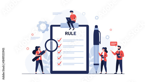 Business team working together around a large clipboard with a checklist of rules, regulations, and company policies for compliance.