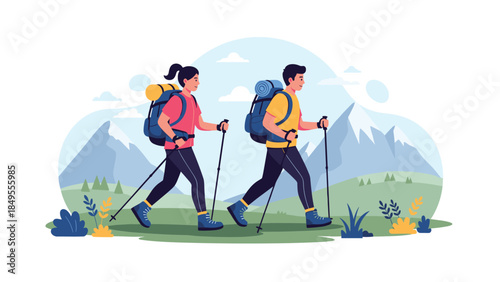 Young couple with backpacks and trekking poles hiking together through a scenic mountain landscape, enjoying an active outdoor adventure.