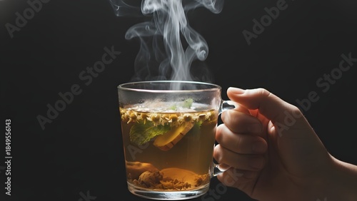 Hand Holding Hot Tea in Glass Mug.