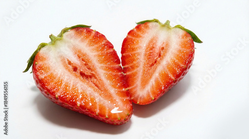 Halved fresh red strawberry revealing internal texture isolated on white background