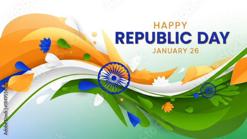 Vibrant India Republic Day Celebration Background with Tricolor Theme and Ashoka Chakra Emblem
