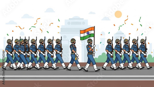 Indian Army Troops Marching Republic Day Parade Ceremony with National Flag and Soldiers in Uniform