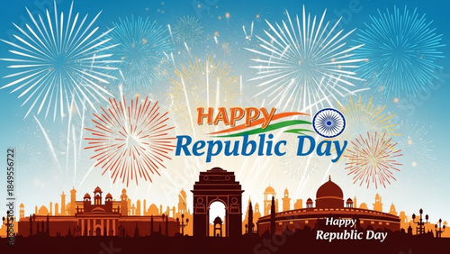 Vibrant India Celebrates Republic Day with Fireworks and Patriotic Flair in New Delhi Cityscape at Sunset