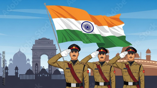 Indian Army Soldiers Saluting Tricolor Flag on Republic Day with Monument Background in New Delhi India