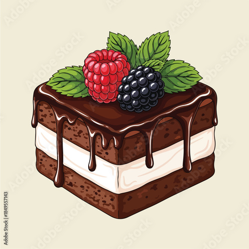 Delicious chocolate cake with fresh berries and mint leaves.