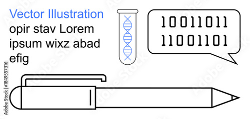 Technology, genetics, coding, communication, research, creativity. Binary code in a speech bubble, DNA helix and a pen. Technology and genetics innovation and discovery
