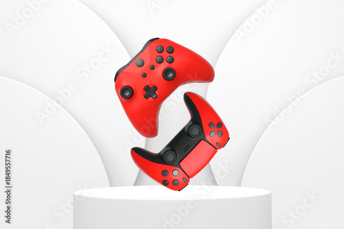 Colorful gaming controllers joystick levitating over podium against abstract background, minimalist concept device on pedestal