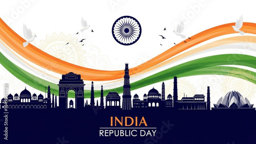 India Republic Day Celebrations with Landmark Silhouettes and National Flag Colors