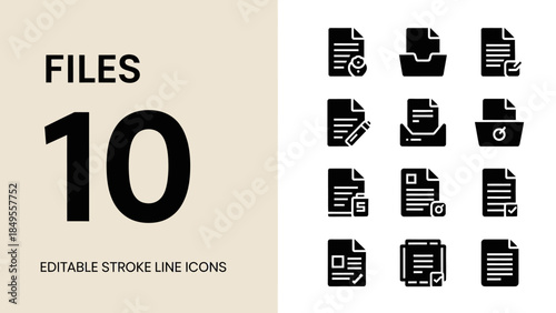 Collection of Editable Stroke Line Icons Representing Files and Documents.