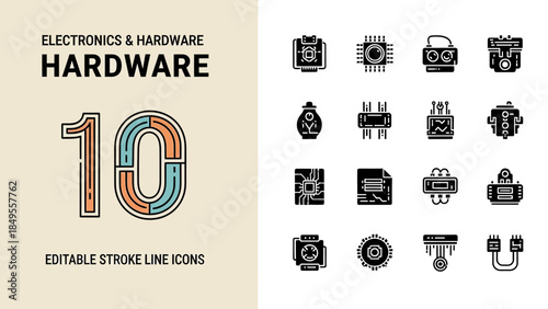 Collection of Electronic Hardware Icons and Number 10 Illustration.