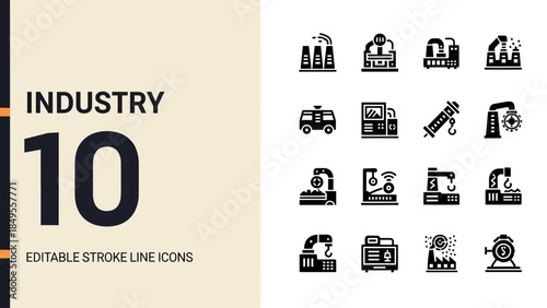 Collection of Industrial Icons Representing Various Manufacturing and Production Elements.