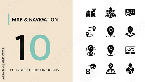 Map and Navigation Icons Collection Editable Stroke Line Icons.