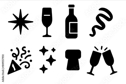 Festive Icon Set. Festive sparkle set. Filled icon set of Festive sparkle set: starburst, champagne flute,