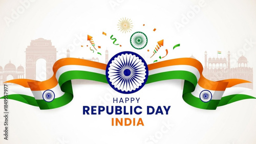 Vibrant India Republic Day Celebrations with Tricolor Ribbon and Wheel Emblem on White Background