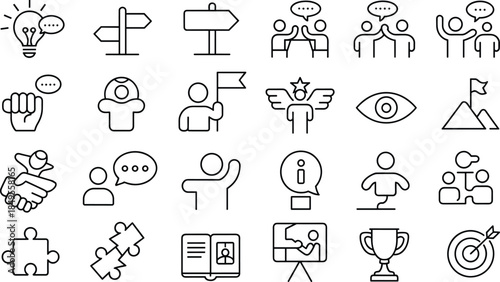 Business management and leadership line icon set with vision, teamwork, strategy, success, communication, goals, achievement, human resources, and professional development.