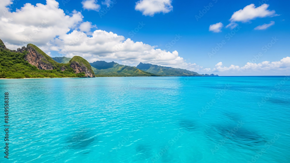Fototapeta premium Crystal Clear Turquoise Sea with Tropical Island Mountains and Blue Sky