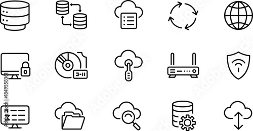 Database and cloud computing line icon set featuring server storage, network security, data transfer, global connection, router, and folder symbols.