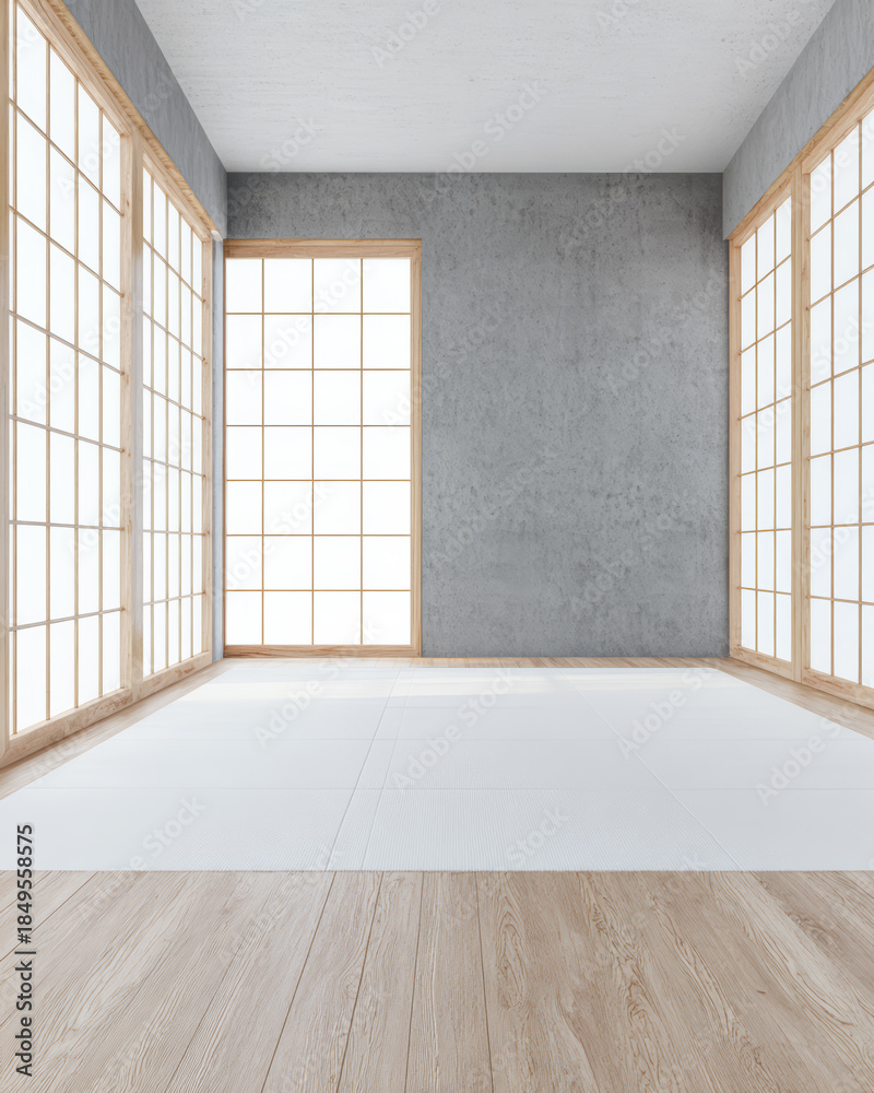 Obraz premium Bright open space with large windows and simple flooring perfect for many activities in a modern room