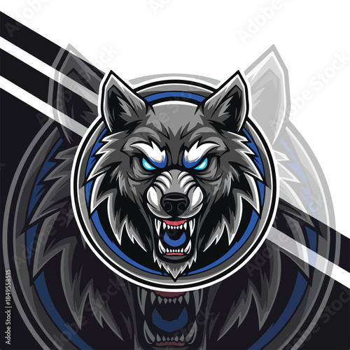 Aggressive Esports Wolf Mascot Logo with Glowing Blue Eyes and Fierce Expression