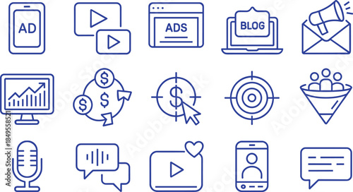 Digital marketing and online advertising line icon set with video ads, blog, sales funnel, target, analytics, email marketing, and podcast.