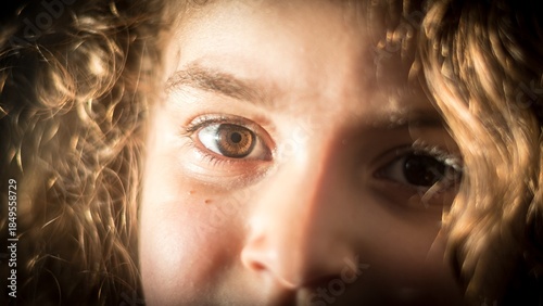 High resolution color close up portrait image of a young and beautiful girl with large brown eyes with soft window lighting