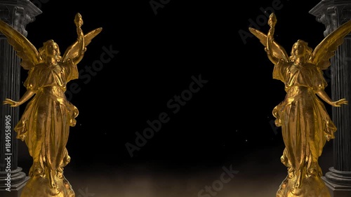Two majestic golden angel statues stand beside ancient columns on a dramatic black background, exuding luxury, elegance, and spiritual significance.
