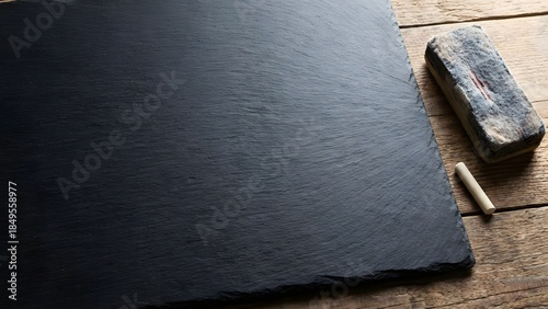 Black Slate Board with Chalk on Wooden Table.