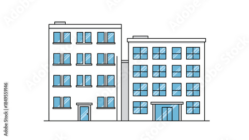 Simple line art illustration of a multi-story apartment or office building with large windows, representing modern urban architecture.