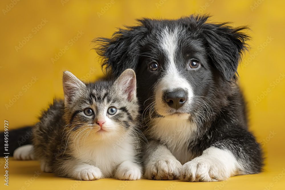 Fototapeta premium Cute kitten and black and white puppy lying together on bright yellow background with curious expression and soft fur texture
