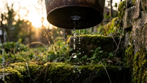 Water Drips from Mossy Pipe Outdoor Scene.