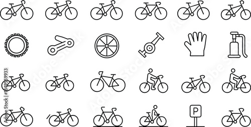Bicycle and cycling line icon set featuring various bike types, wheels, repair tools, pump, gloves, parking, and urban transportation symbols.