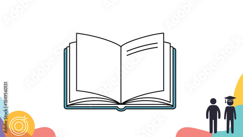 Simple line art illustration of an open book, with educational icons of students and a target, representing learning and knowledge.