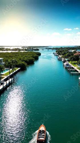 Aerial view of a boat cruising a canal lined with luxury homes, docks, yachts, and lush trees