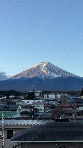 Mount Fuji, Japan, with a village in the foreground.