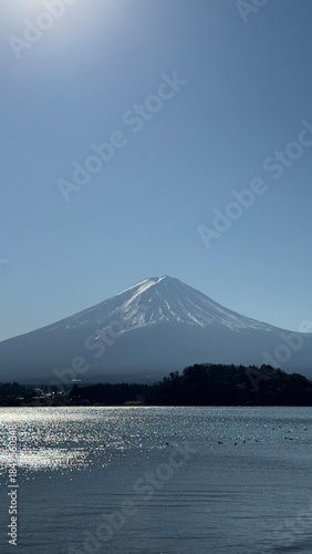 Mount Fuji, Japan, with a lake in the foreground.