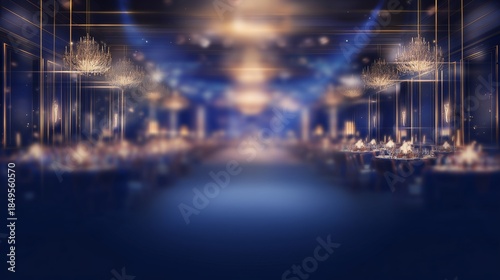 Elegant luxury dinner gala night poster design, crystal chandelier glowing warmly in the background, fine dining tableware, wine glasses, space for text, bokeh lights, and event poster.