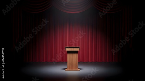 Empty Stage Podium with Red Curtain Background.