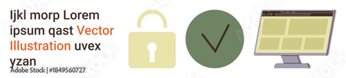 Security, verification, data protection, online authentication, website interface, digital safety. Lock, checkmark and a computer screen are . Security and verification highlighted
