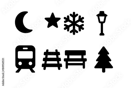 Chilly Railway Icon Set. Chilly railway evening. Filled icon set of Chilly railway evening: moon, star,