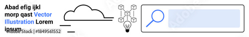 Cloud storage, innovation, search tools, data connection, digital networks, online storage. Cloud icon, light bulb with connections search bar. Cloud storage and innovation concepts