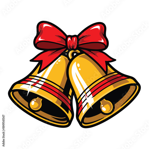 Golden Christmas Bells with Red Bow Illustration.