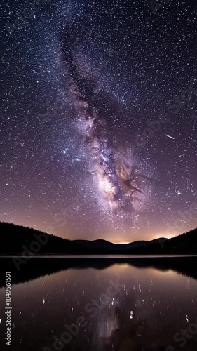 Stunning Milky Way galaxy streaking across a dark night sky above a still lake reflecting stars